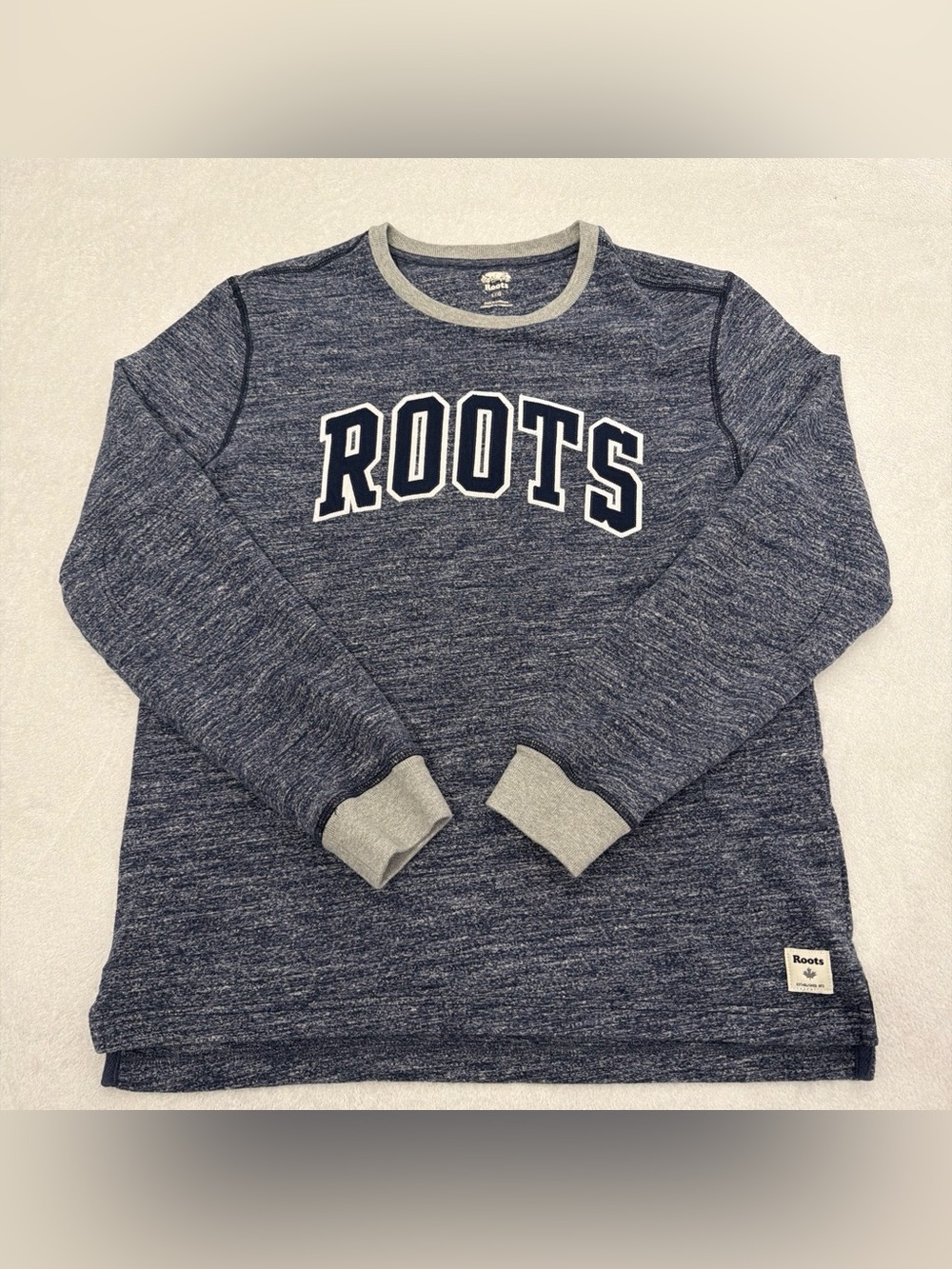 Roots Navy Heather Crewneck with Light Gray Trim